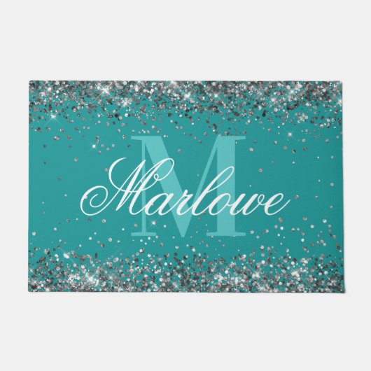Elegant Silver Glitter Blue Green Monogram Deurmat (Voorkant)