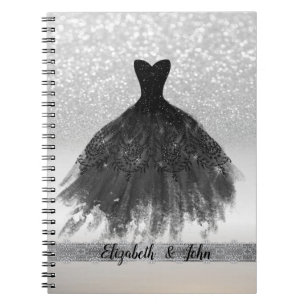 Elegant Silver Glitter Bokeh, Black Dress Notitieboek