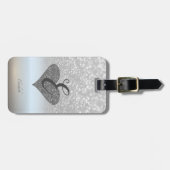 Elegant Silver Glitter Bokeh, Heart, Monogram Bagagelabel (Voorkant horizontaal)