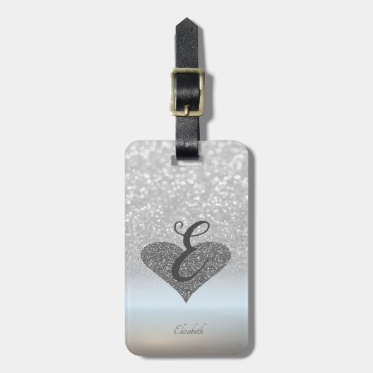 Elegant Silver Glitter Bokeh, Heart, Monogram Bagagelabel (Voorkant verticaal)