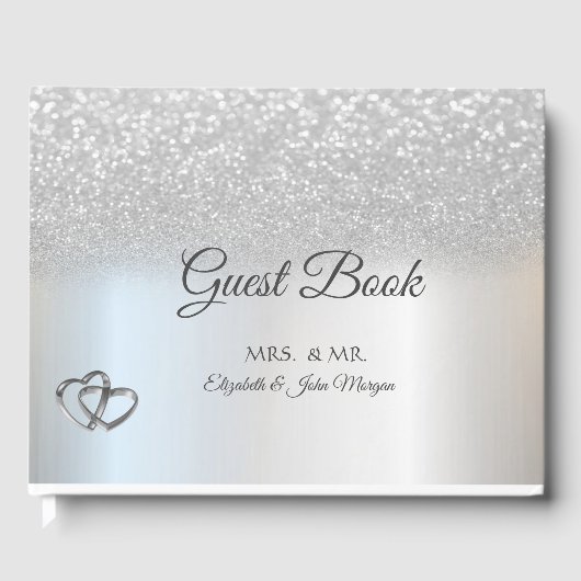 Elegant Silver Glitter Bokeh Hearts Wedding Gastenboek (Voorkant)
