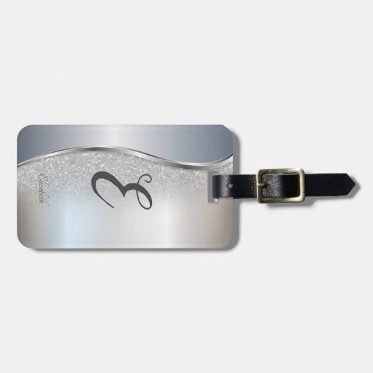 Elegant Silver Glitter Bokeh , Monogram Bagagelabel (Voorkant horizontaal)