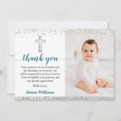 Elegant Silver Glitter Boy Baptism Foto Bedankkaart (Voorkant)