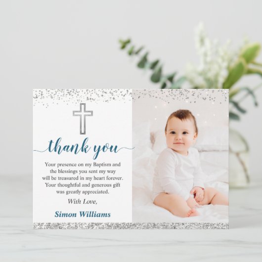 Elegant Silver Glitter Boy Baptism Foto Bedankkaart (Staand voorkant)