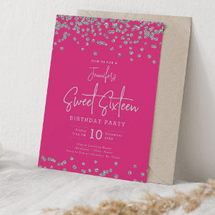 Elegant Silver Glitter Confetti Sweet 16 Hot Pink Kaart