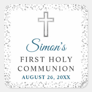 Elegant Silver Glitter Cross First Heilige Communi Vierkante Sticker