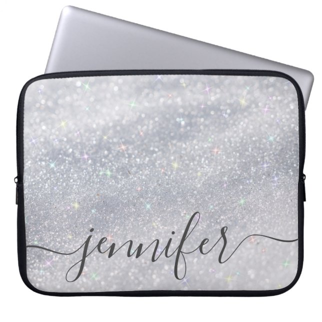Elegant Silver Glitter Custom Name Laptop Sleeve (Voorkant)