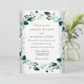 Elegant Silver Glitter Leaf Wreath Wedding Invite Kaart (Staand voorkant)