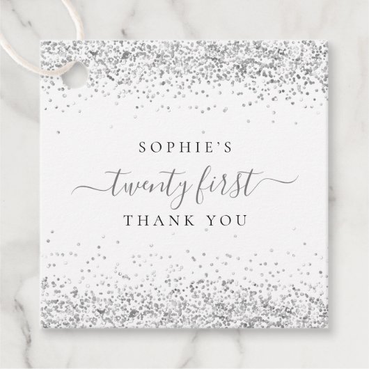 Elegant Silver Glitter Name 21e Dank u Bedankjes Labels (Voorkant)
