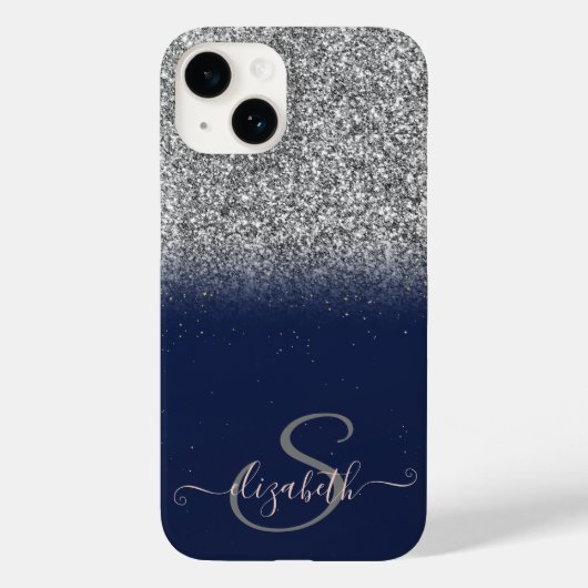 Elegant Silver Glitter Ombre, Navy Blue Monogram Case-Mate iPhone Case (Achterkant)