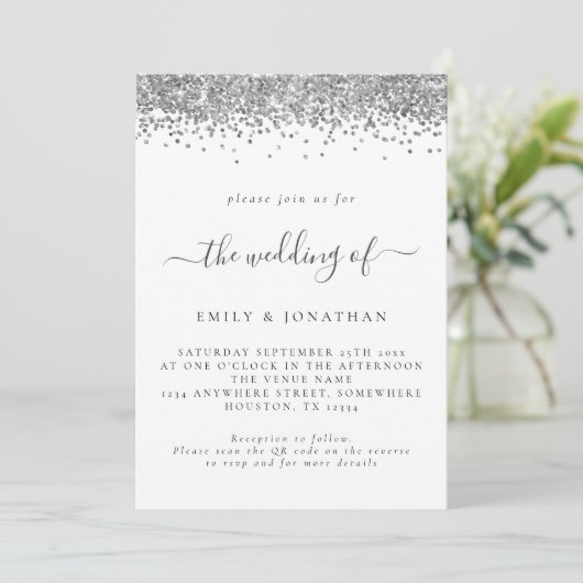 Elegant Silver Glitter QR code Weddenschap Uitnodi Kaart (Staand voorkant)