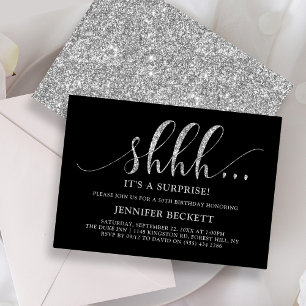 Elegant Silver Glitter Surprise Birthday Party Kaart