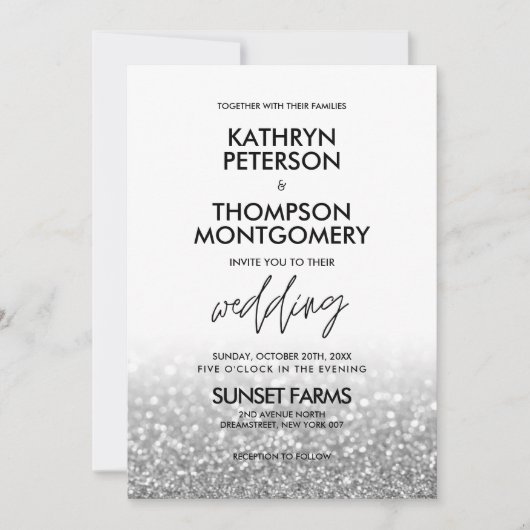 Elegant Silver Glitter Trendy Wedding Uitnodiging (Voorkant)