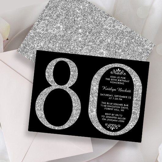 Elegant Silver Glitter Typografie 80th Birthday Kaart