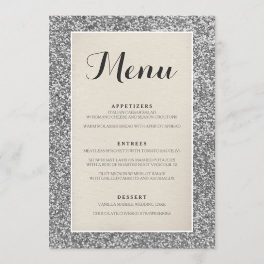 Elegant Silver Glitter Wedding Menu Kaart (Voorkant)