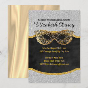 Elegant Silver Gold Glitter Masquerade Party Fancy Kaart