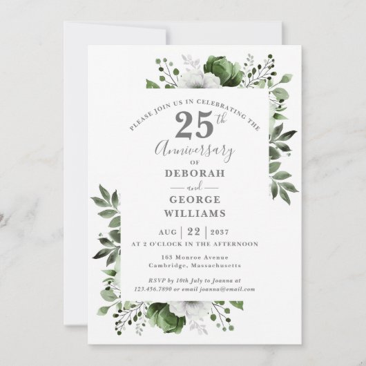 Elegant Silver Greenery 25e bruiloft Jubileum Kaart (Voorkant)