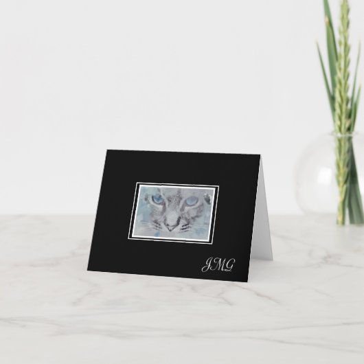 Elegant Silver-Grey Cat op zwarte achtergrond Notitiekaartje (Voorkant)