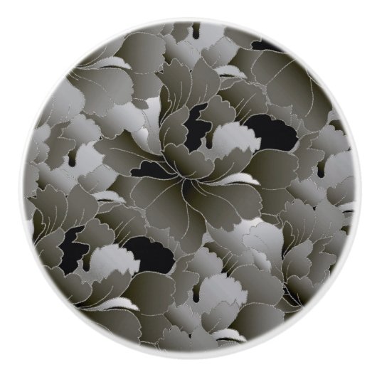 Elegant Silver Grey en Black Floral Keramische Knop (Voorkant)
