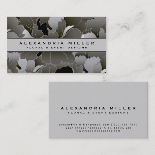 Elegant Silver Grey en Black Floral Visitekaartje (Voorkant / Achterkant)
