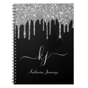 Elegant Silver Grey Glitter Drift Monogram Script Notitieboek