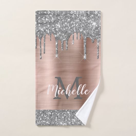 Elegant Silver Grey Glitter Drips Monogramed Handdoek (Handdoek)