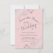 Elegant Silver Grey Lace over het bleekroze huweli Save The Date (Voorkant)