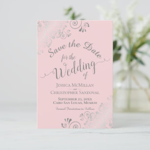 Elegant Silver Grey Lace over het bleekroze huweli Save The Date