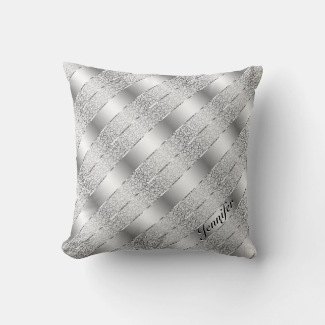 Elegant Silver Grey Metallic Stripes 2 Monogram Kussen (Voorkant)