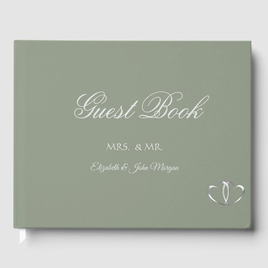 Elegant Silver Hearts Sage Green Gastenboek (Voorkant)