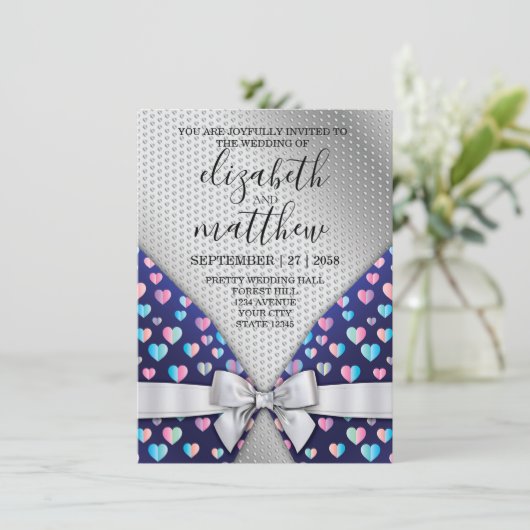 Elegant Silver Invitation Bow and Heart Speckles Kaart (Staand voorkant)