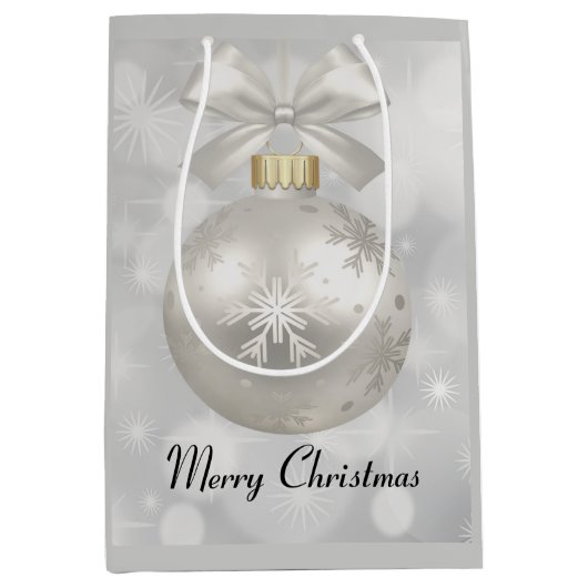 Elegant Silver-kerstbal op Bokeh Lights Medium Cadeauzakje (Voorkant)