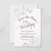 Elegant Silver Lace Cassis Paars op White Wedding Save The Date (Voorkant)