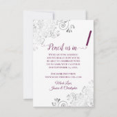 Elegant Silver Lace Cassis Paars op White Wedding Save The Date (Achterkant)