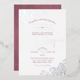 Elegant Silver Lace & Dusty Roos op White Wedding Folie Uitnodiging