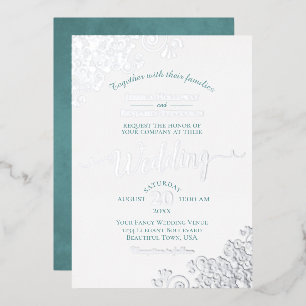 Elegant Silver Lace en Blauwgroen op White Wedding Folie Uitnodiging