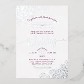 Elegant Silver Lace en Magenta op White Wedding Folie Uitnodiging (Voorkant)