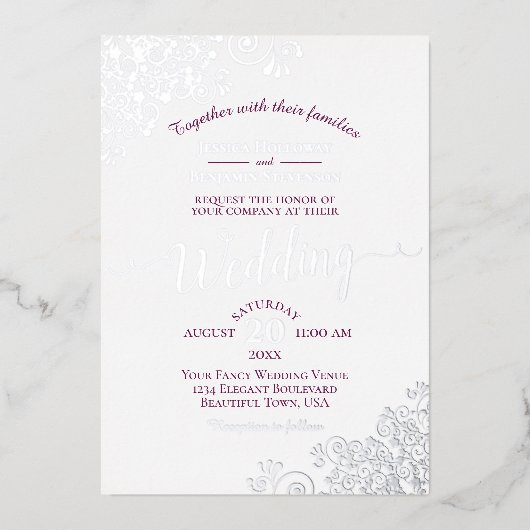 Elegant Silver Lace en Magenta op White Wedding Folie Uitnodiging (Voorkant)