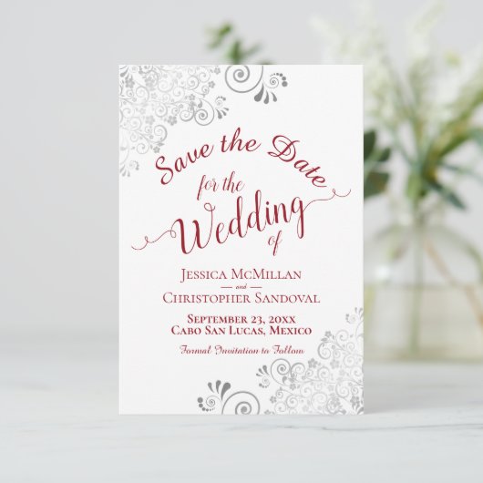 Elegant Silver Lace Filigree Red over het witte hu Save The Date (Staand voorkant)
