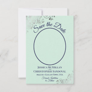 Elegant Silver Lace & Photo Mint & Navy Wedding Save The Date