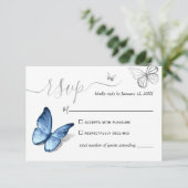 Elegant Silver Light Baby Blue Butterfly Wedding RSVP Kaartje (Staand voorkant)
