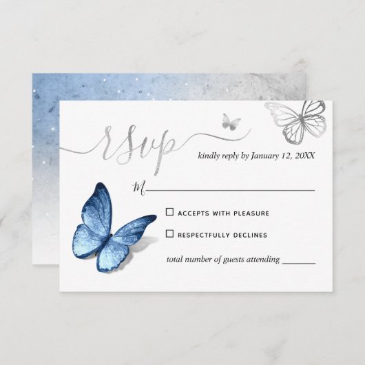 Elegant Silver Light Baby Blue Butterfly Wedding RSVP Kaartje (Voorkant / Achterkant)