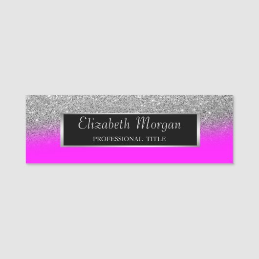 Elegant Silver Lijst, Glitter Pink Fluorescent Naamplaatje (Voorkant)