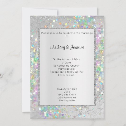ELEGANT SILVER MARBLE HOLOGRAPHIC PASTEL WEDING KAART (Voorkant)