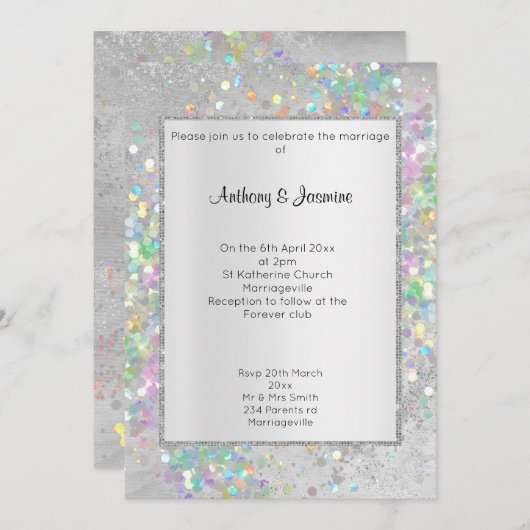 ELEGANT SILVER MARBLE HOLOGRAPHIC PASTEL WEDING KAART (Voorkant / Achterkant)