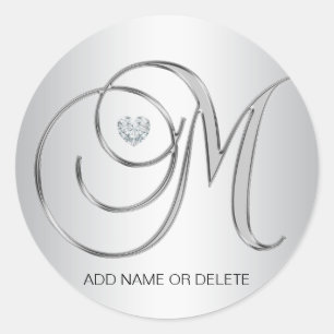 Elegant Silver Monogramed Initiaal Letter M Ronde Sticker