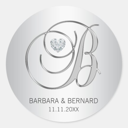 Elegant Silver Monogrammed Letter B Wedding Ronde Sticker (Voorkant)
