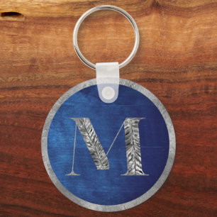 Elegant Silver & Navy Blue, gepersonaliseerd monog Sleutelhanger