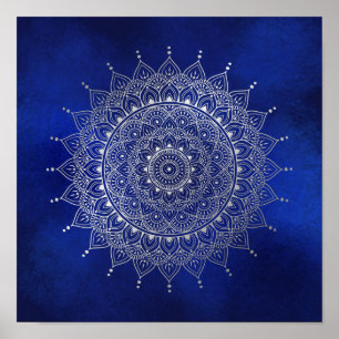 Elegant Silver over Deep Blue Floral Henna Mandala Poster