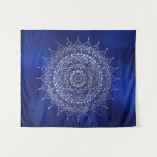 Elegant Silver over Deep Blue Floral Henna Mandala Wandkleed